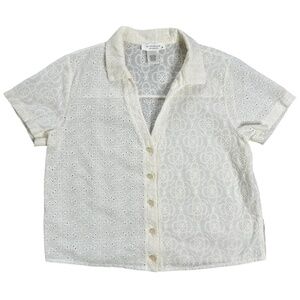 Kirious LA 100% Cotton Floral Eyelet Button Up Blouse M White Cropped Boho Chic